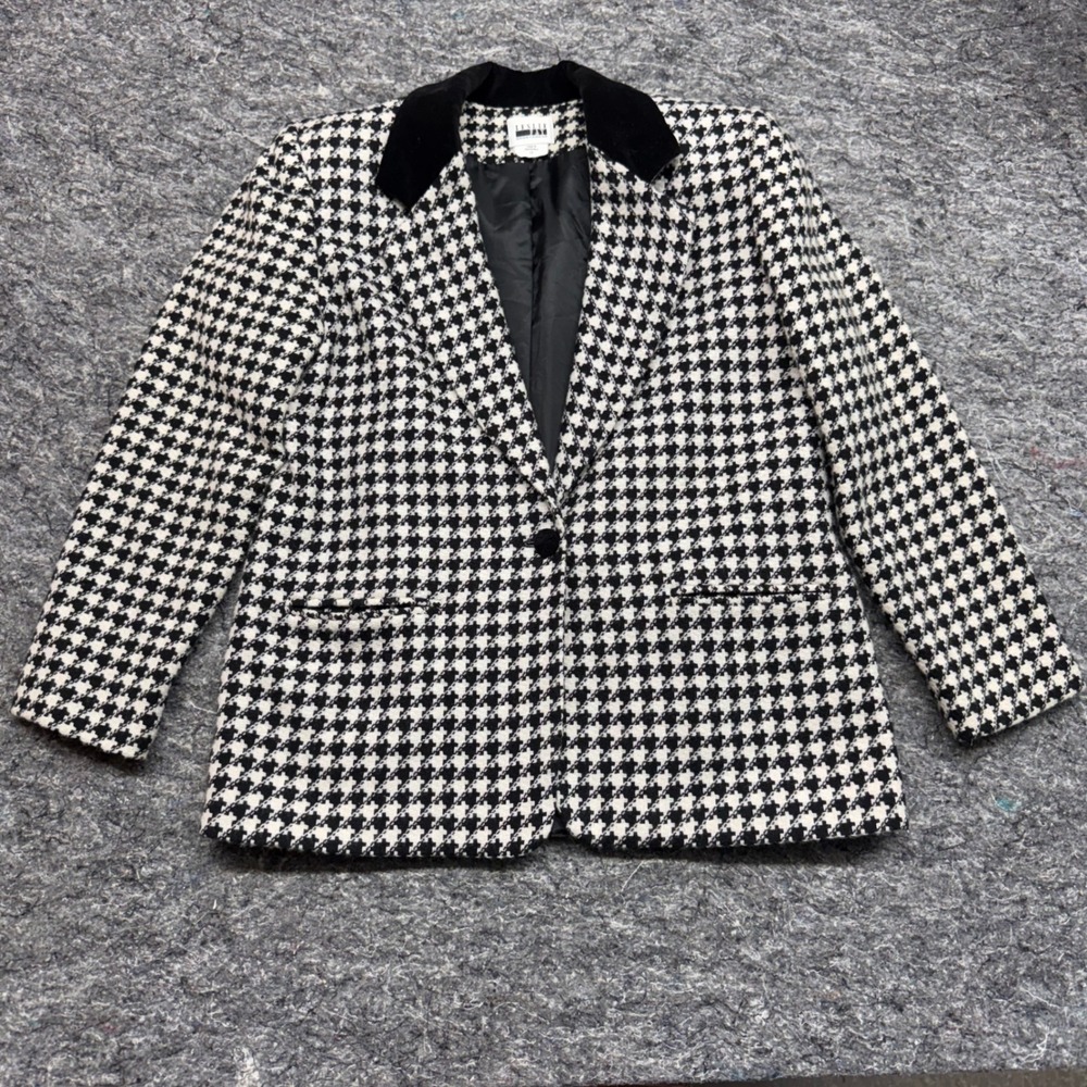 Leslie Fay Sportswear Houndstooth Blazer Black White Velvet Collar Size 12